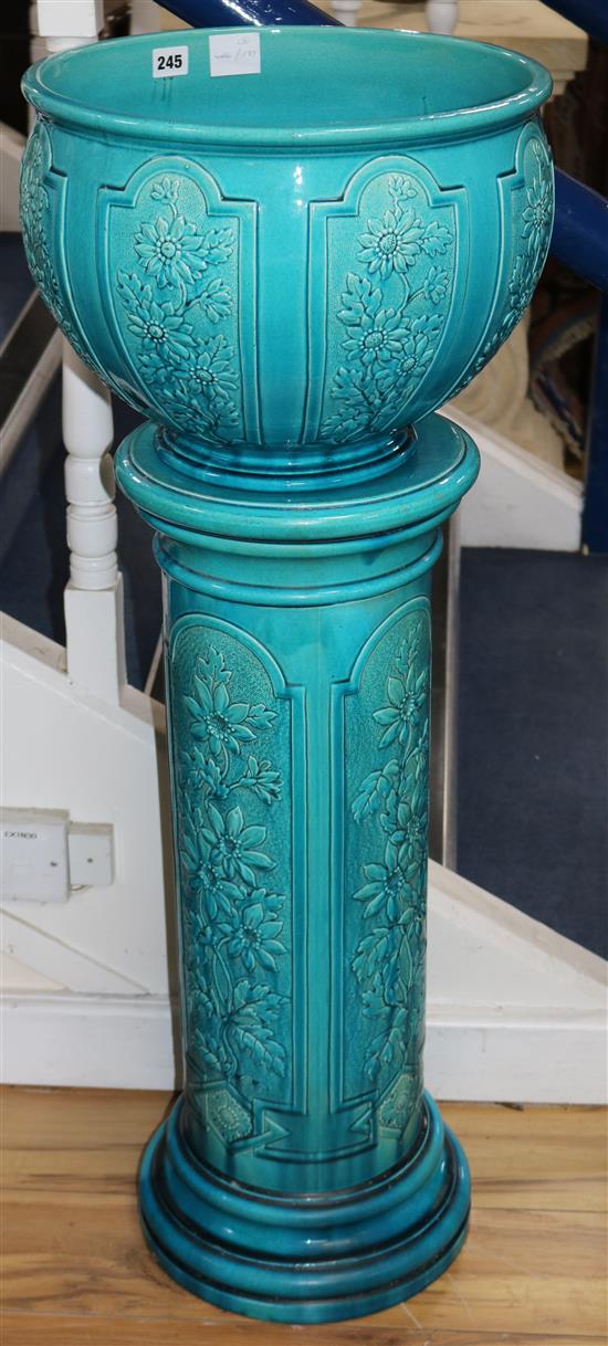 A Burmantofts turquoise glazed jardiniere H.104cms